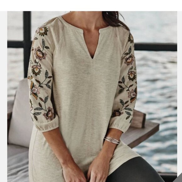 J‎ Jill Top Women's Large Oatmeal Tan Floral Embroidered 3/4 Sleeves Tunic - Picture 1 of 12